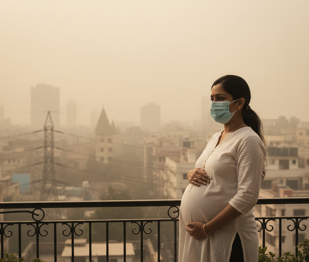 Pregnant Indian woman wearing a mask standing on balcony overlooking smoggy city skyline.