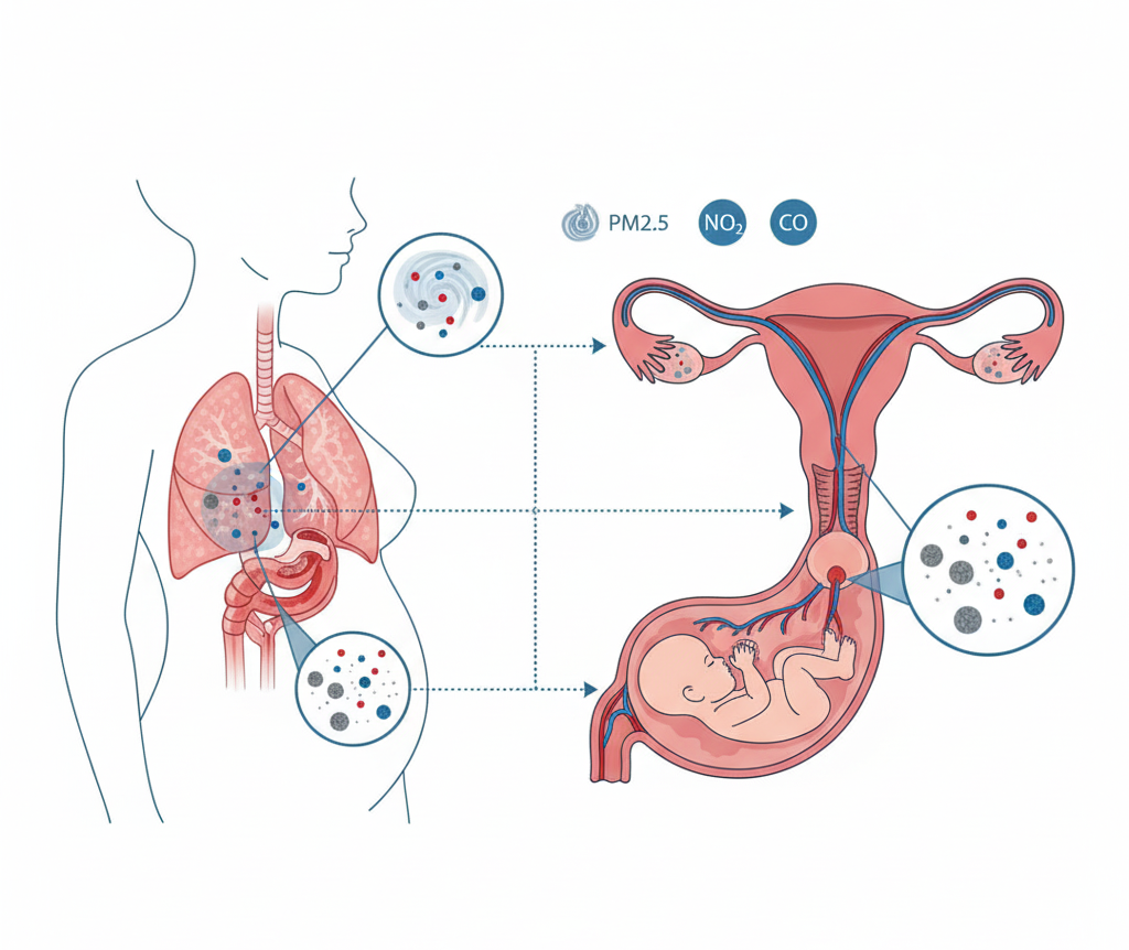 Diagram showing pollutants crossing placenta and affecting fetal development