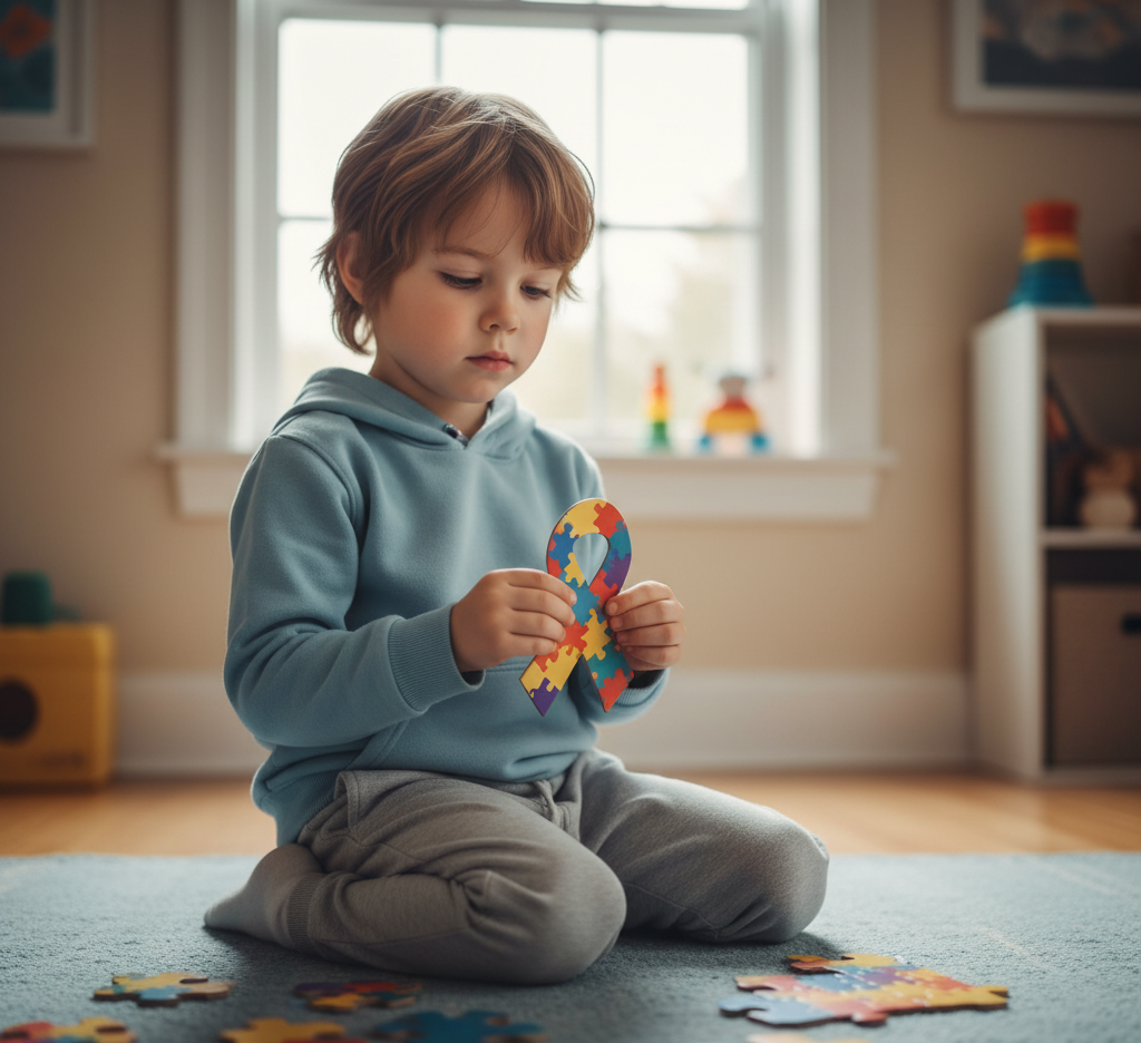 Child sitting alone with puzzle pieces symbolizing autism awareness