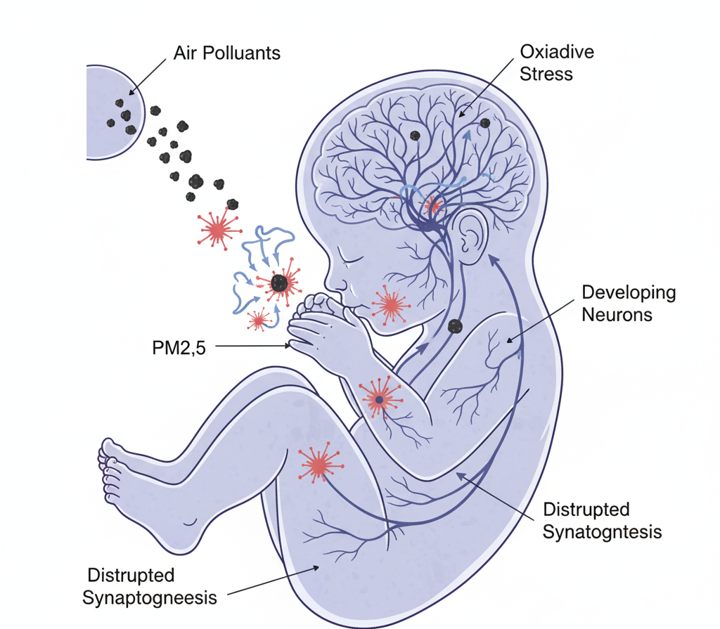 Illustration showing air pollution particles impacting fetal brain development