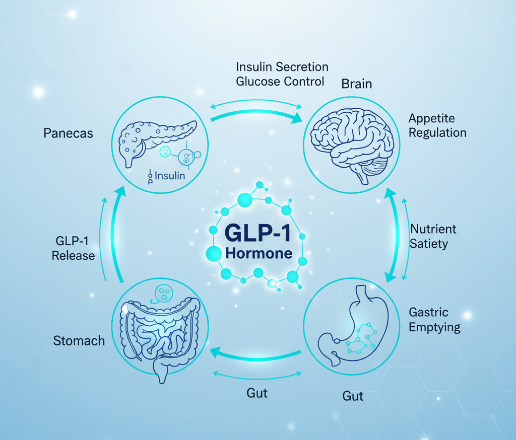 Infographic explaining how GLP-1 hormones control blood sugar and appetite.