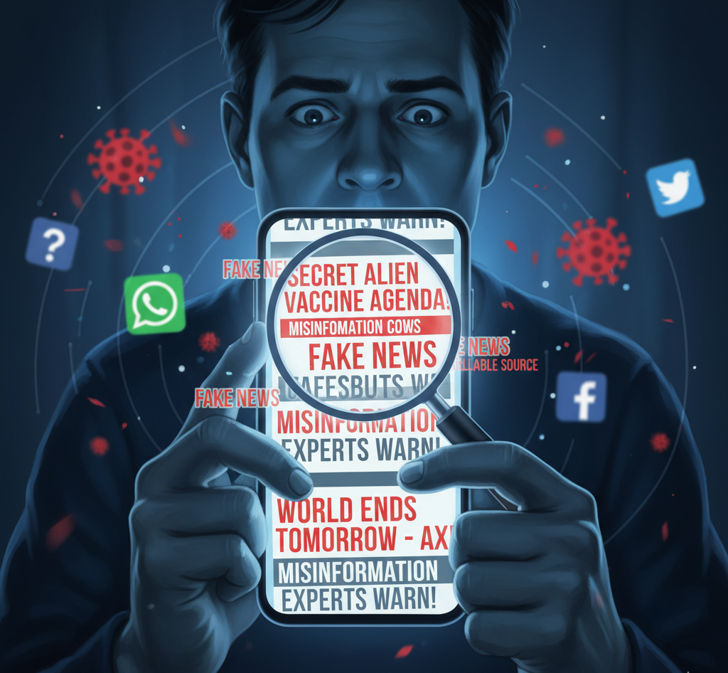 Phone screen showing fake health news alerts with warning symbols