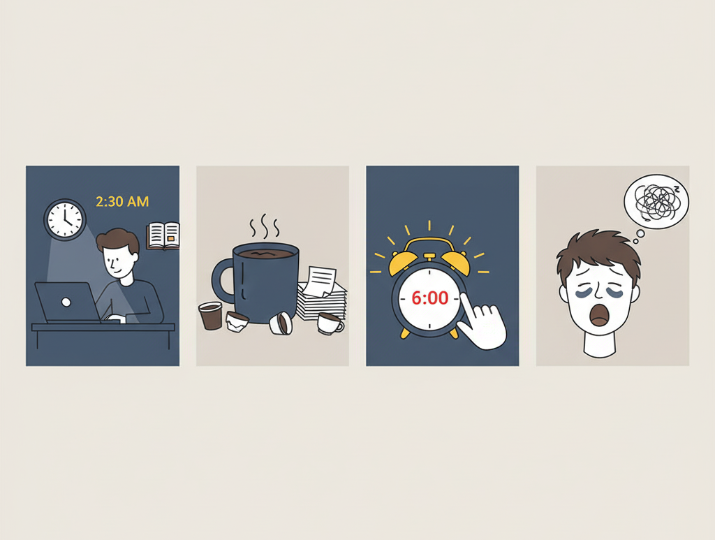 Infographic-style image showing stages of sleep deprivation — late-night work, coffee, alarm clock, tired person yawning, simple vector design.