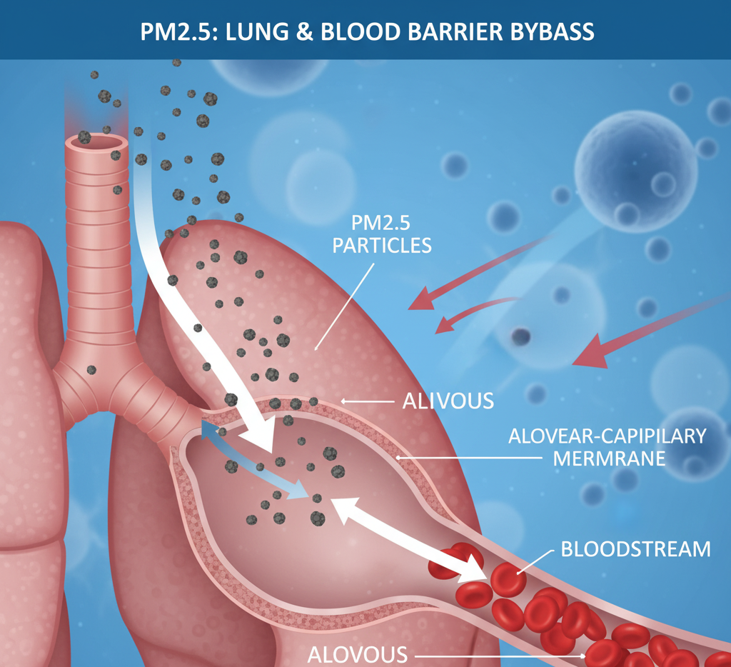 Medical illustration showing how PM2.5 particles enter lungs and bloodstream.
