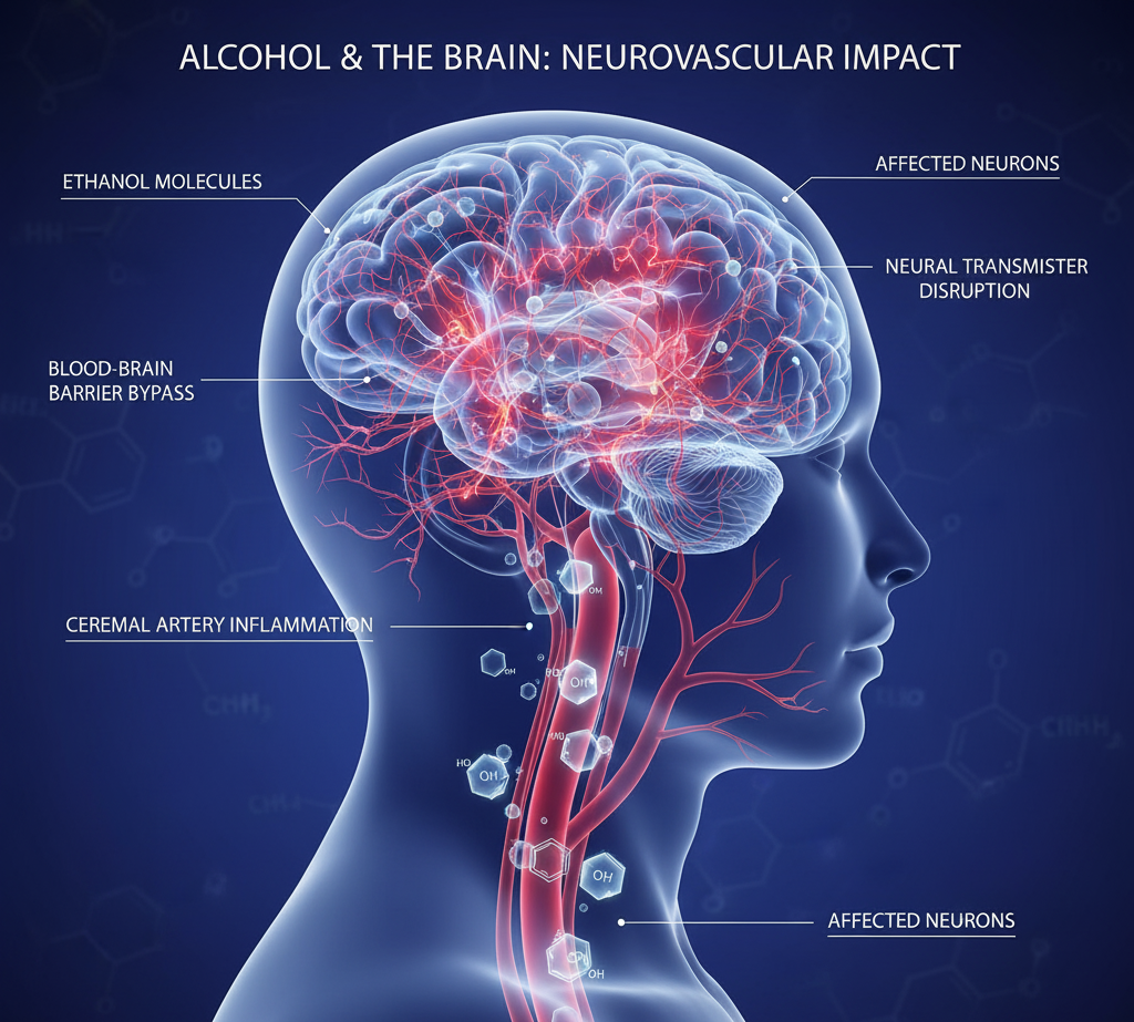 Diagram showing how alcohol damages brain cells and blood vessels.