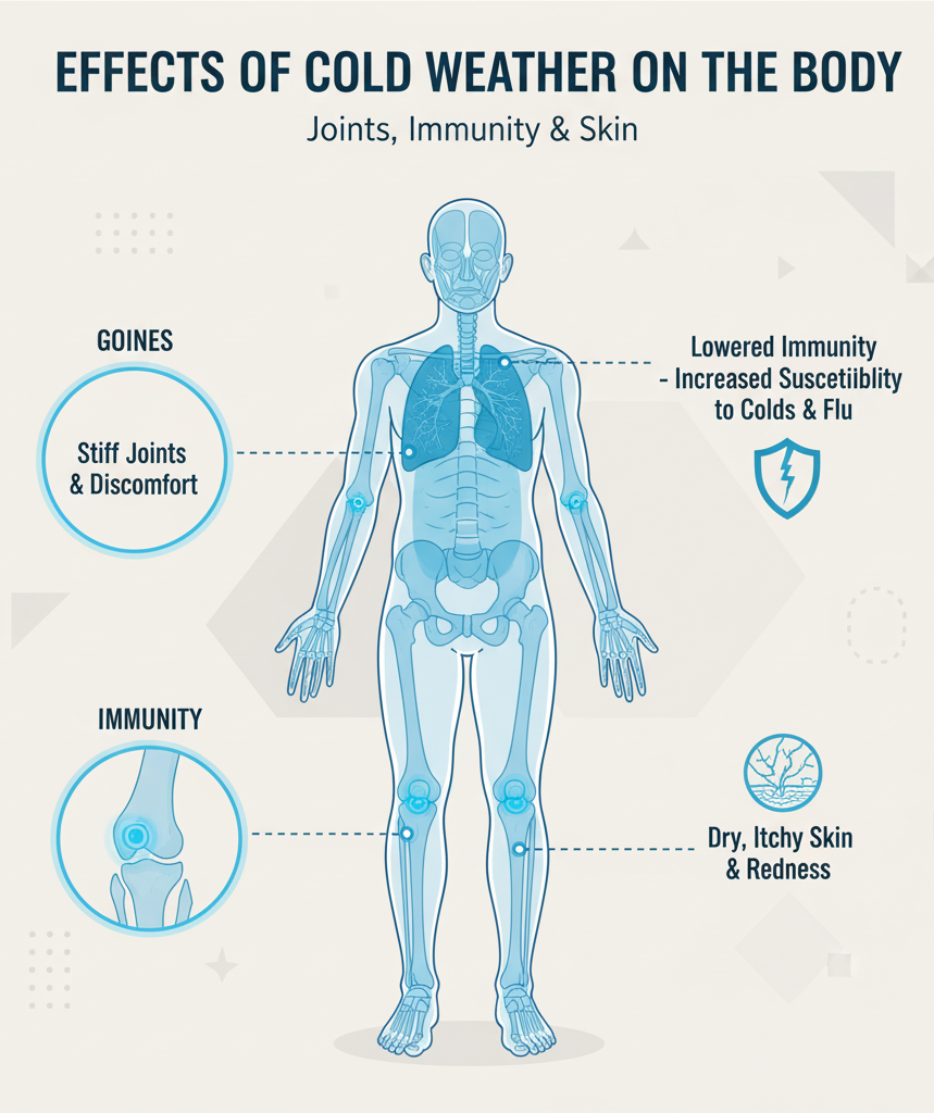 Diagram showing body changes in cold weather—reduced immunity, joint stiffness, and dry skin.