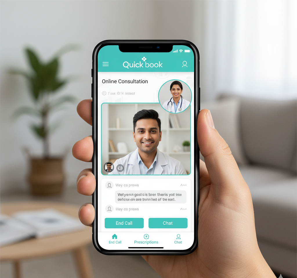 Patient booking online consultation with doctor using Quickobook app.