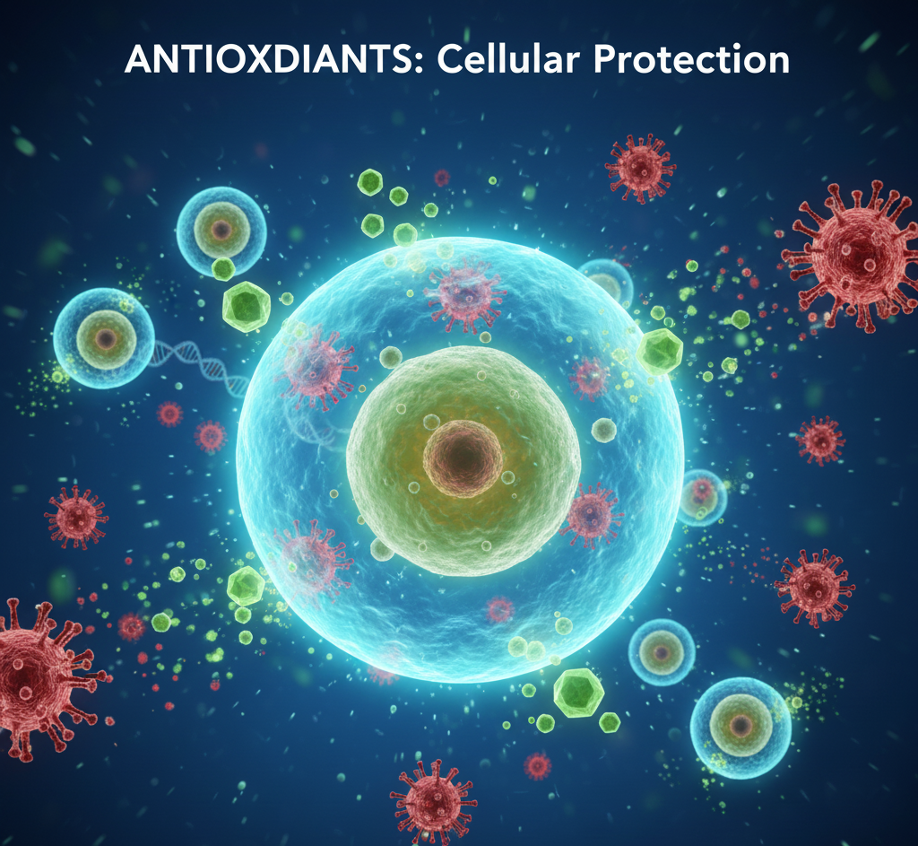 Visualization of antioxidants protecting body cells from oxidative damage