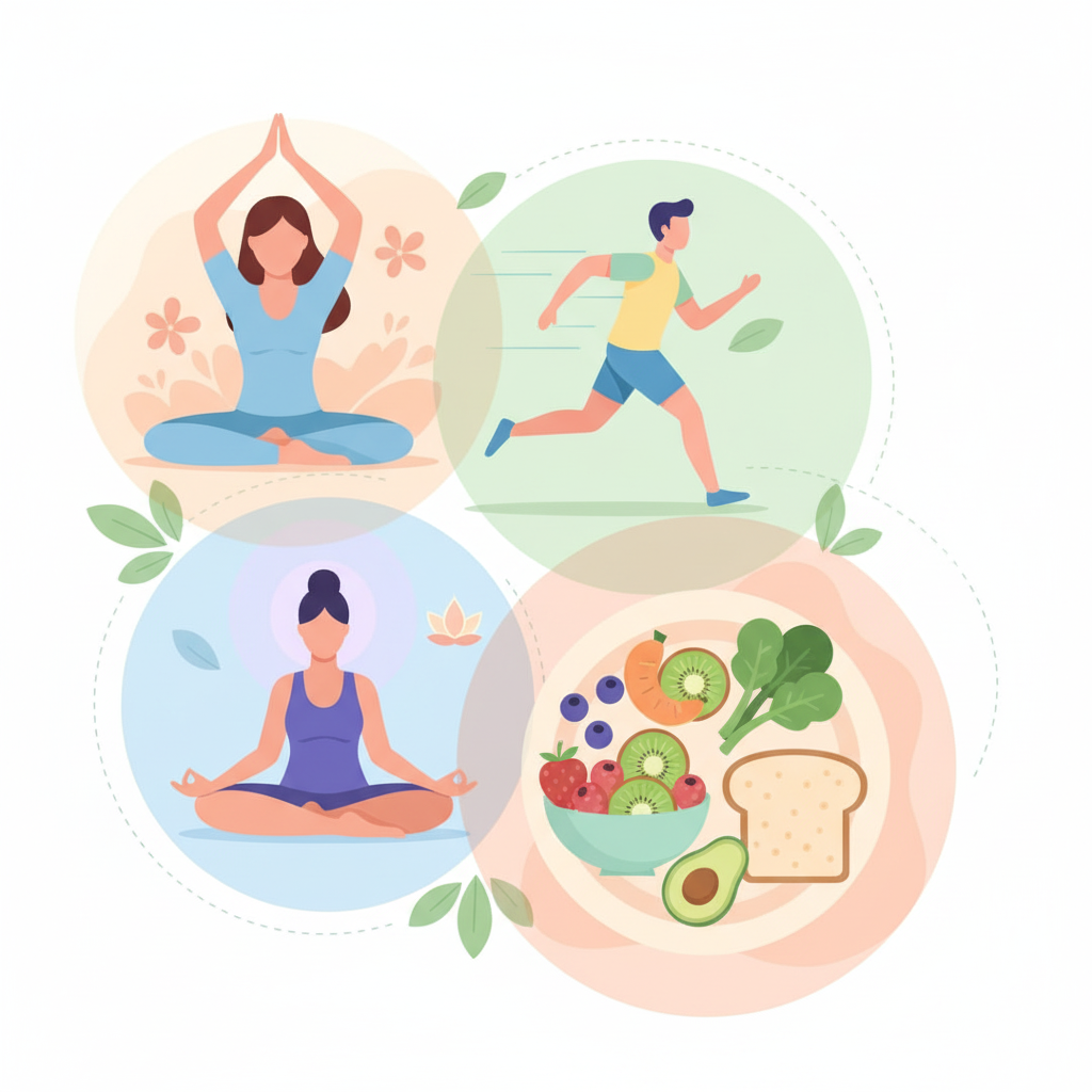Lifestyle illustration promoting healthy habits to reduce oxidative stress.
