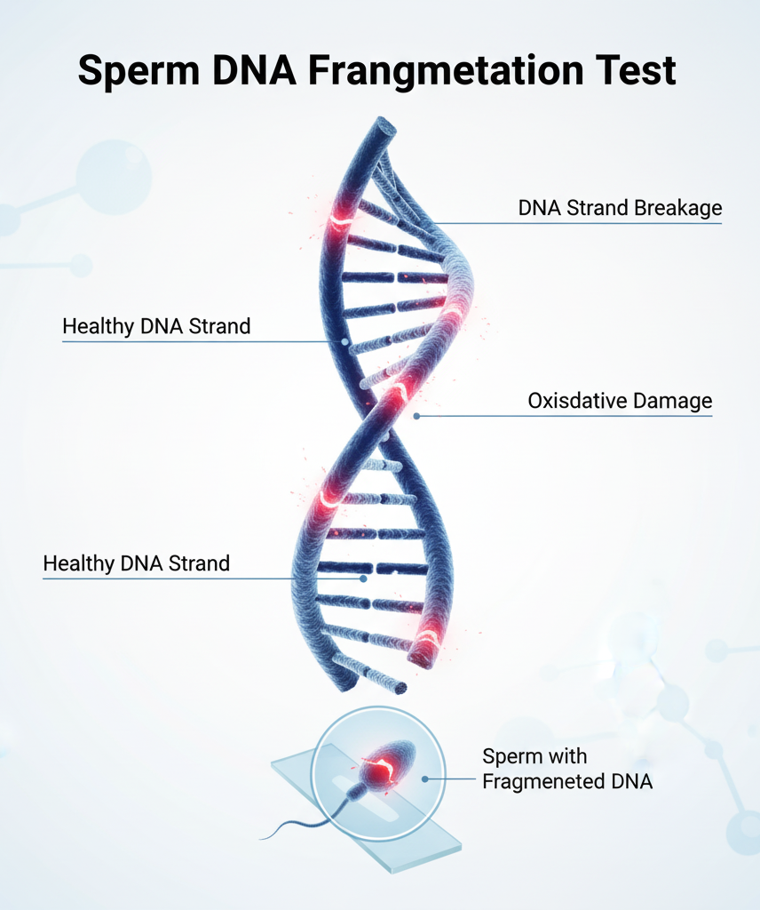 Infographic explaining sperm DNA fragmentation test and DNA damage detection
