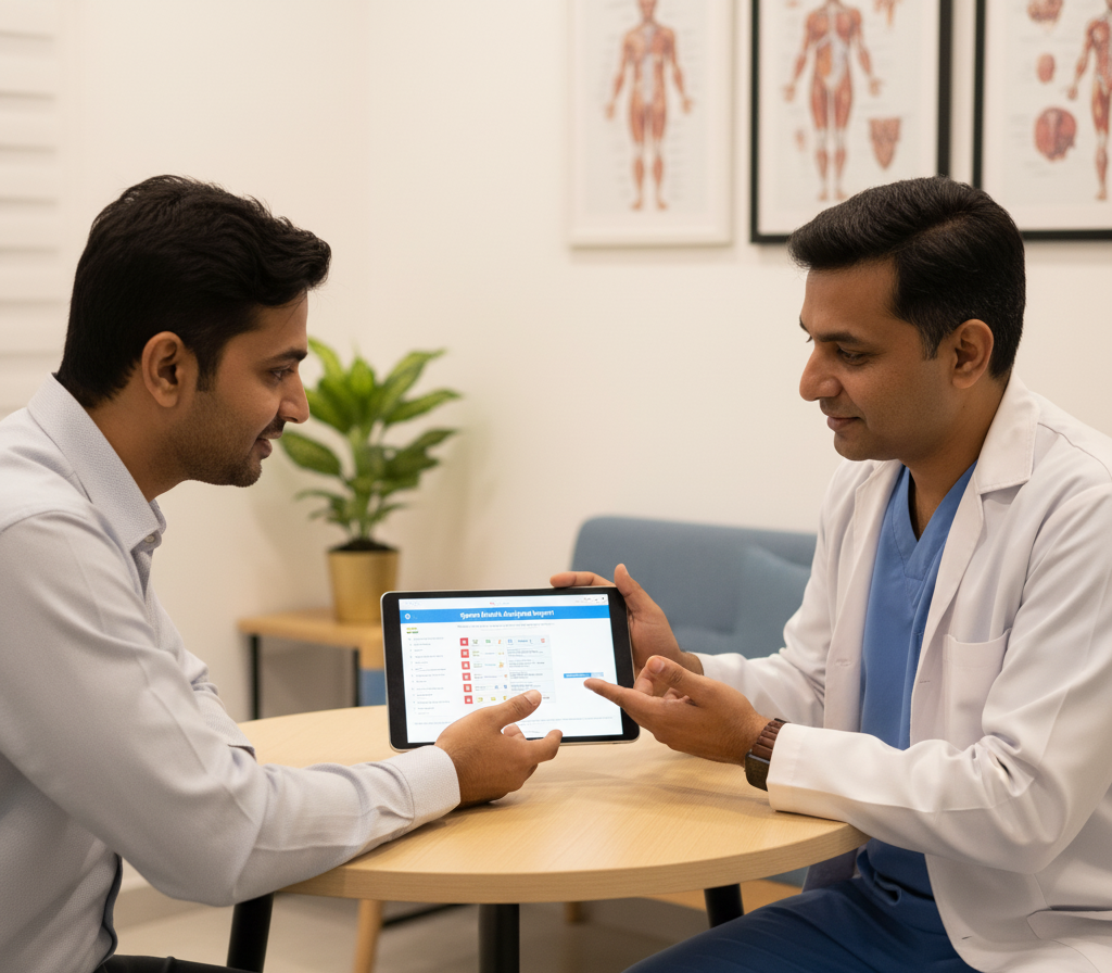 Patient consulting andrologist after sperm DNA fragmentation test results.