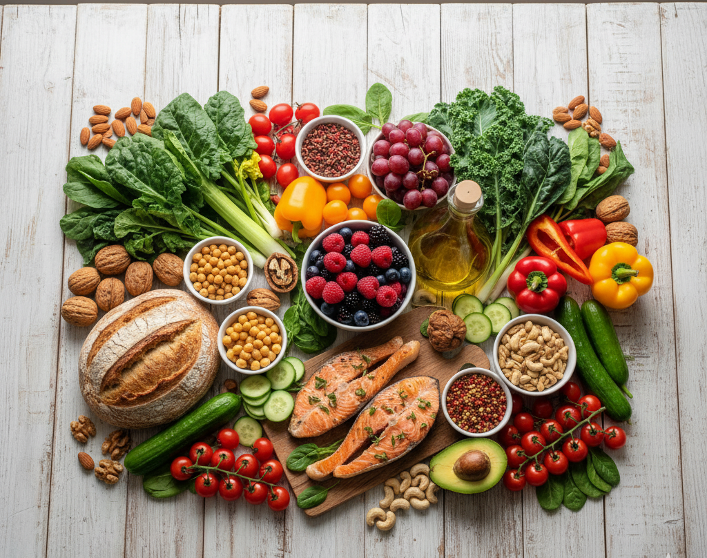 Healthy foods rich in antioxidants and nutrients included in the Longevity Diet