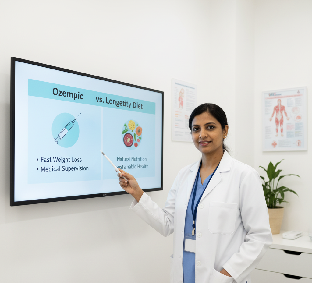 Doctor providing expert opinion on Ozempic versus Longevity Diet for weight loss.