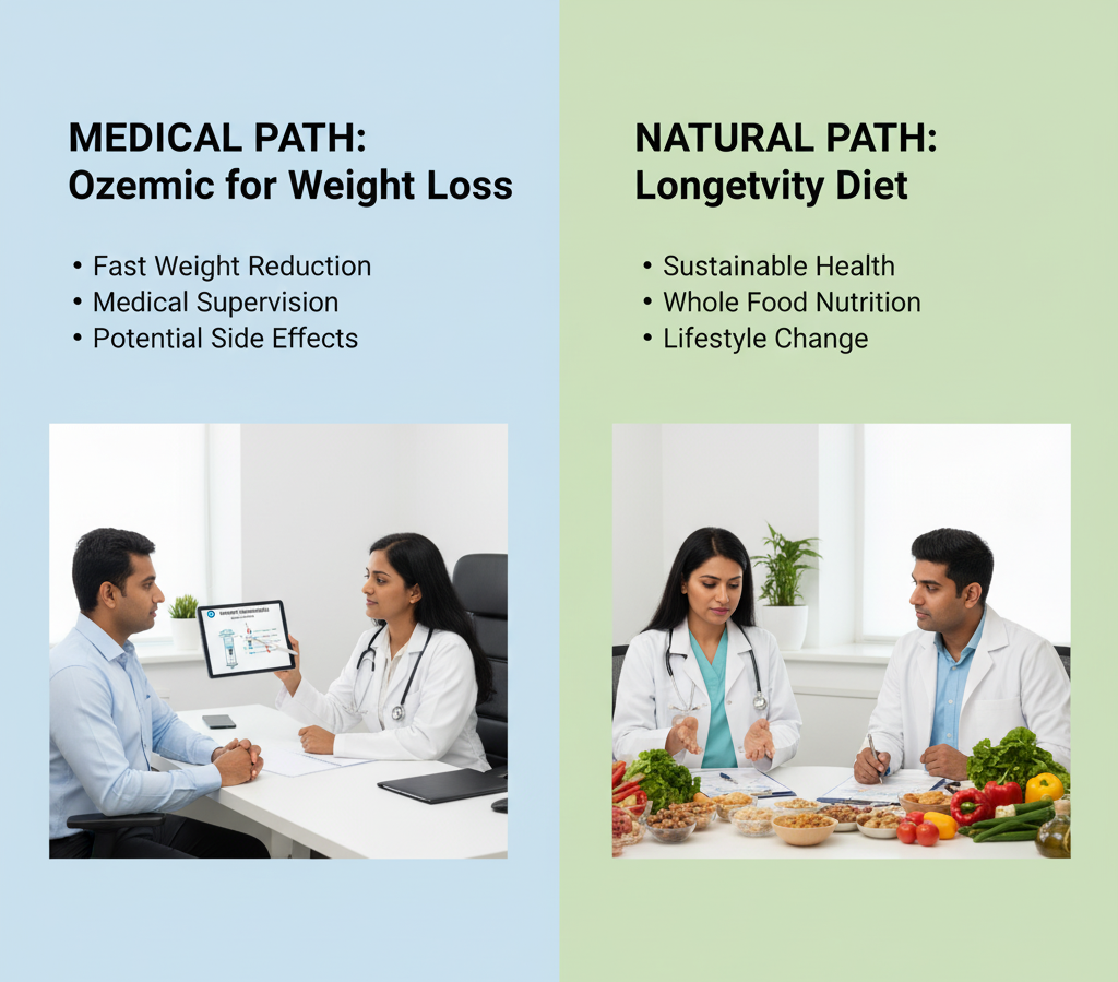 Comparison of consulting a doctor for Ozempic and nutritionist for Longevity Diet.