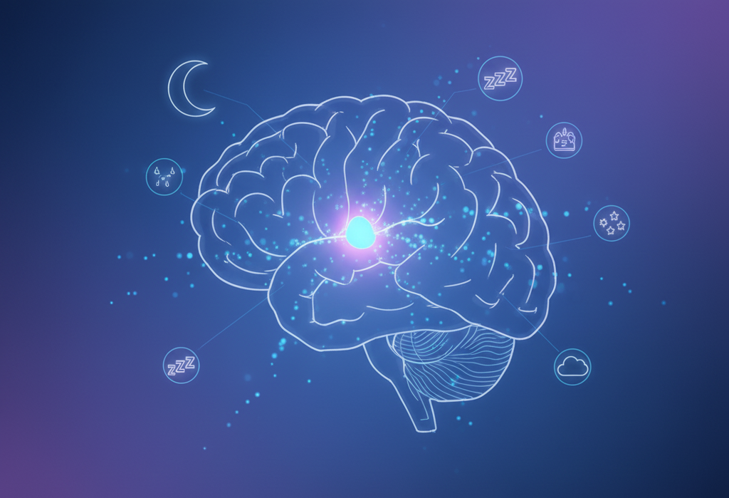 Diagram showing melatonin hormone produced by pineal gland in the brain for sleep regulation