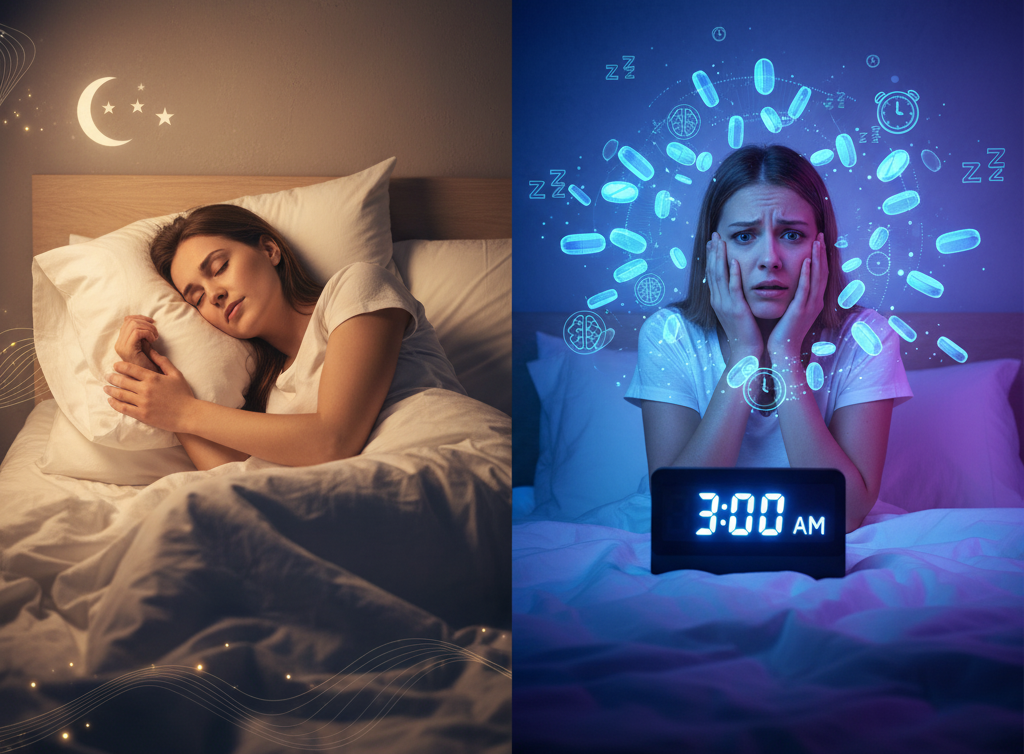Comparison of melatonin helping sleep but worsening anxiety in some individuals.