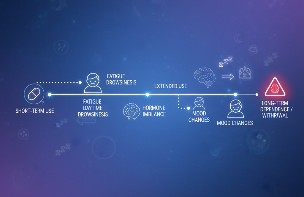 Infographic showing long-term risks of melatonin use including hormone disruption and dependence