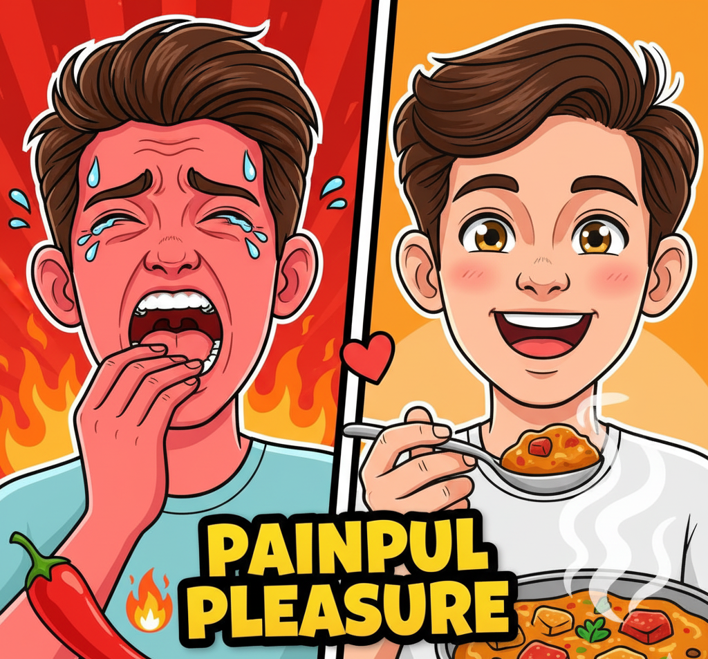 Person experiencing both pain and happiness from eating spicy food.