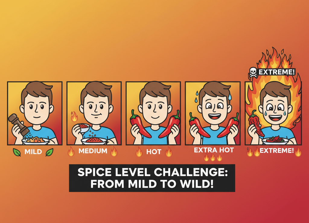 Person building spice tolerance by moving from mild to extra-hot chilies.