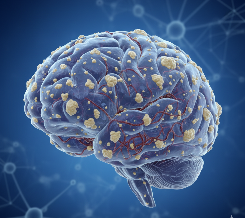Brain diagram showing amyloid plaques and tau tangles that cause Alzheimer’s disease.