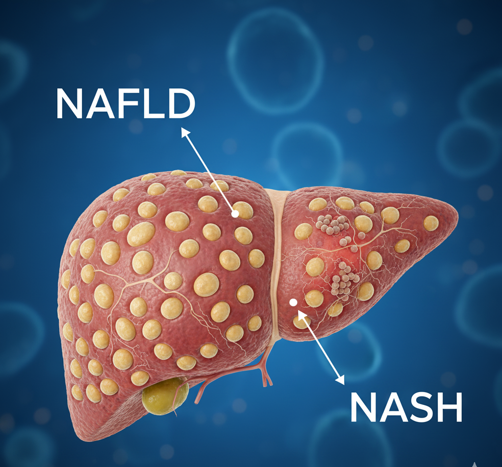Medical illustration showing fatty liver stages with fat buildup and inflammation