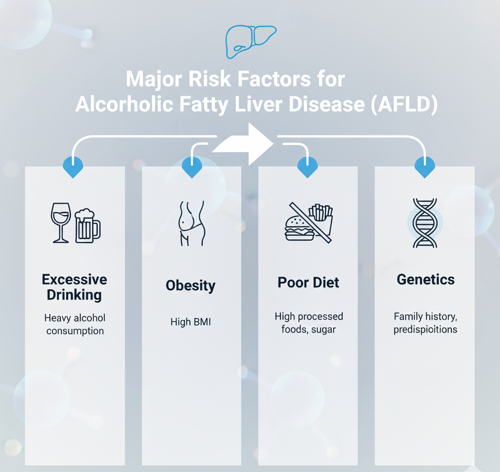 Infographic of causes and risk factors for alcoholic fatty liver disease