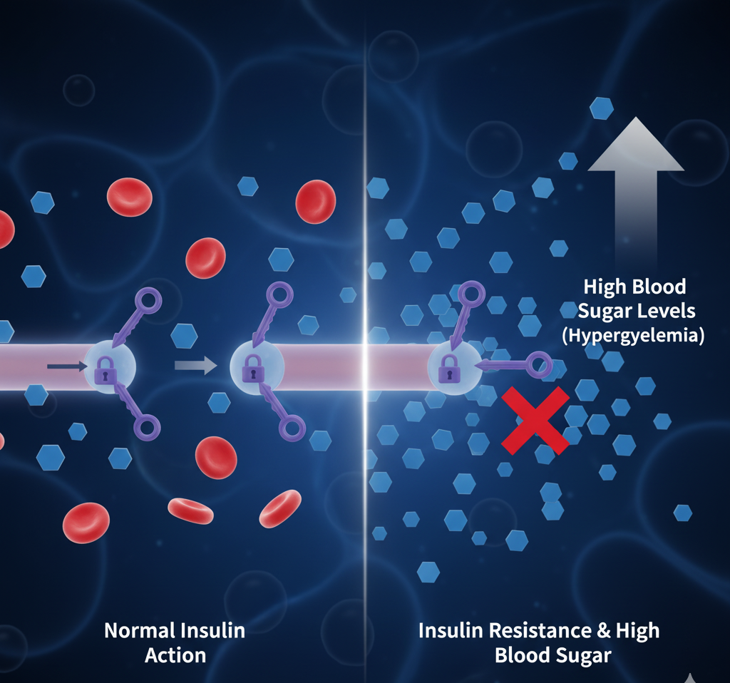 Medical illustration showing how insulin resistance causes Type 2 diabete