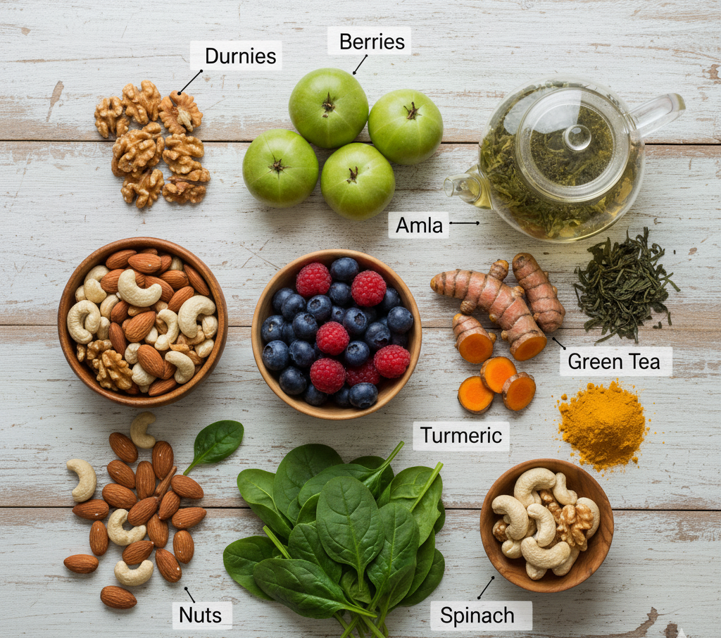 Healthy foods rich in natural antioxidants including amla, berries, and green tea.