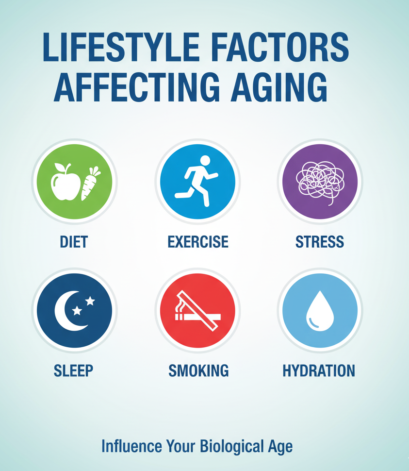 Infographic of lifestyle factors like diet, sleep, and stress affecting biological aging.