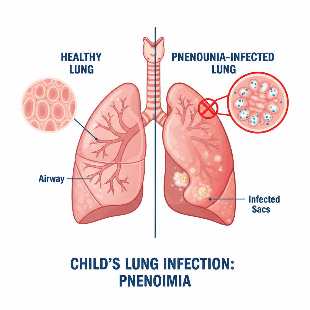 Medical diagram showing pneumonia infection in child lungs.