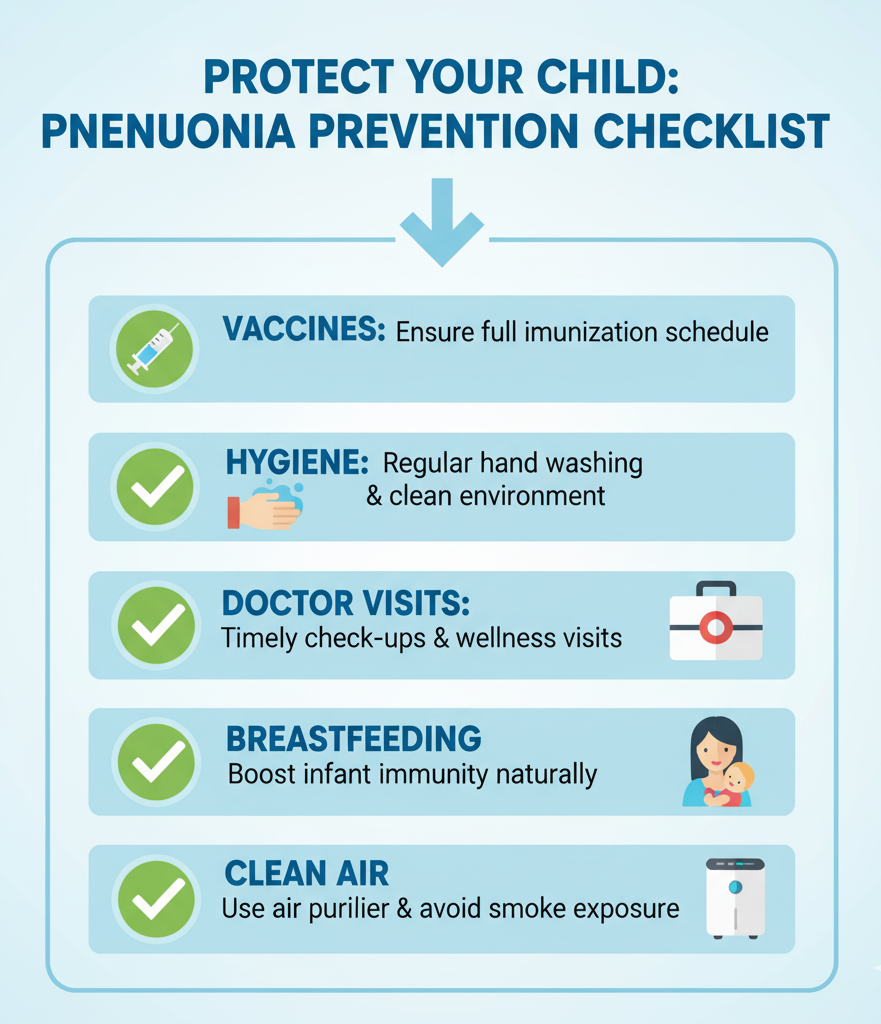 Checklist infographic for pneumonia prevention in children — vaccines, hygiene, doctor visits, breastfeeding, air purifier.