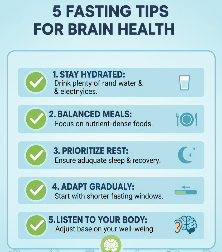 Infographic showing best practices for fasting without harming brain function.
