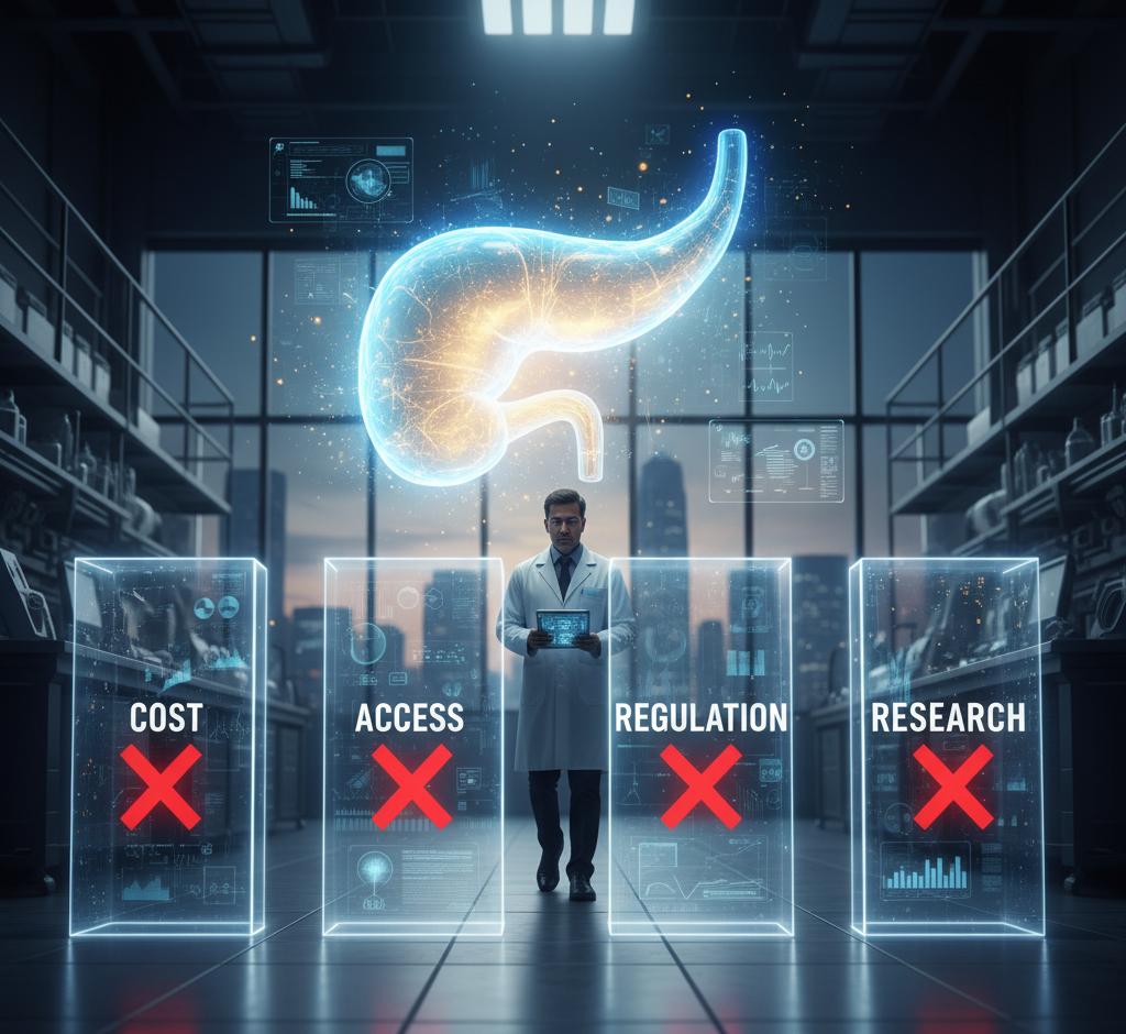 Symbolic image showing challenges in developing accessible regenerative therapy for diabetes.