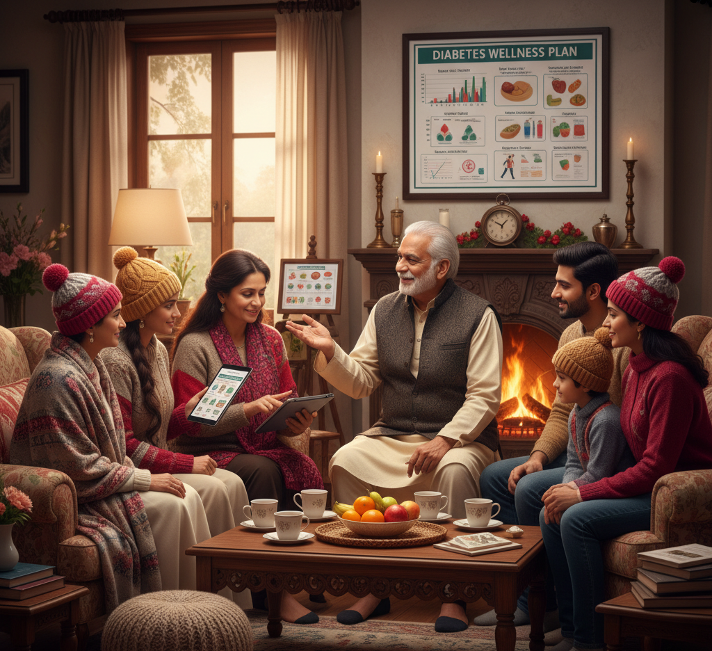 Indian family discussing diabetes health during winter