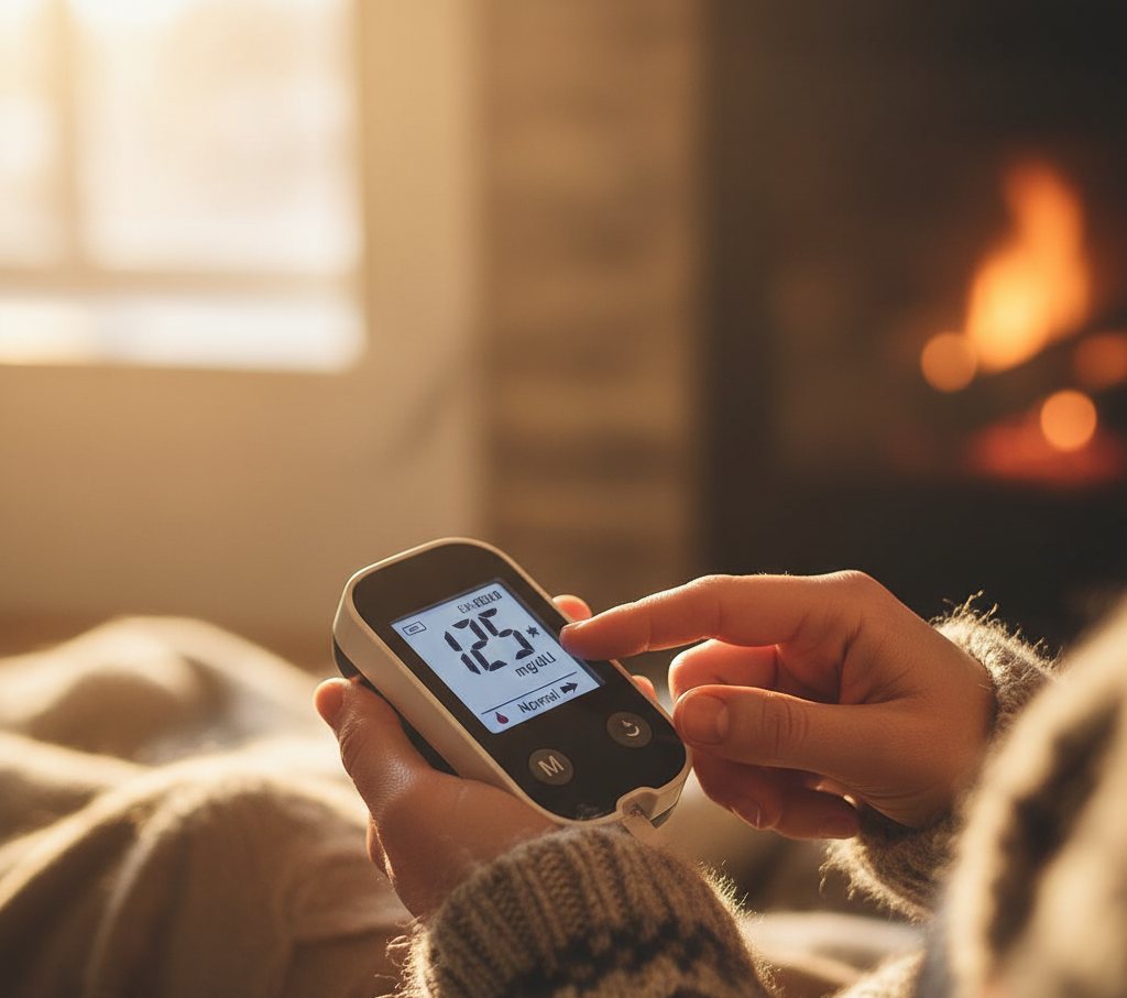 Checking blood glucose with warm hands in winte