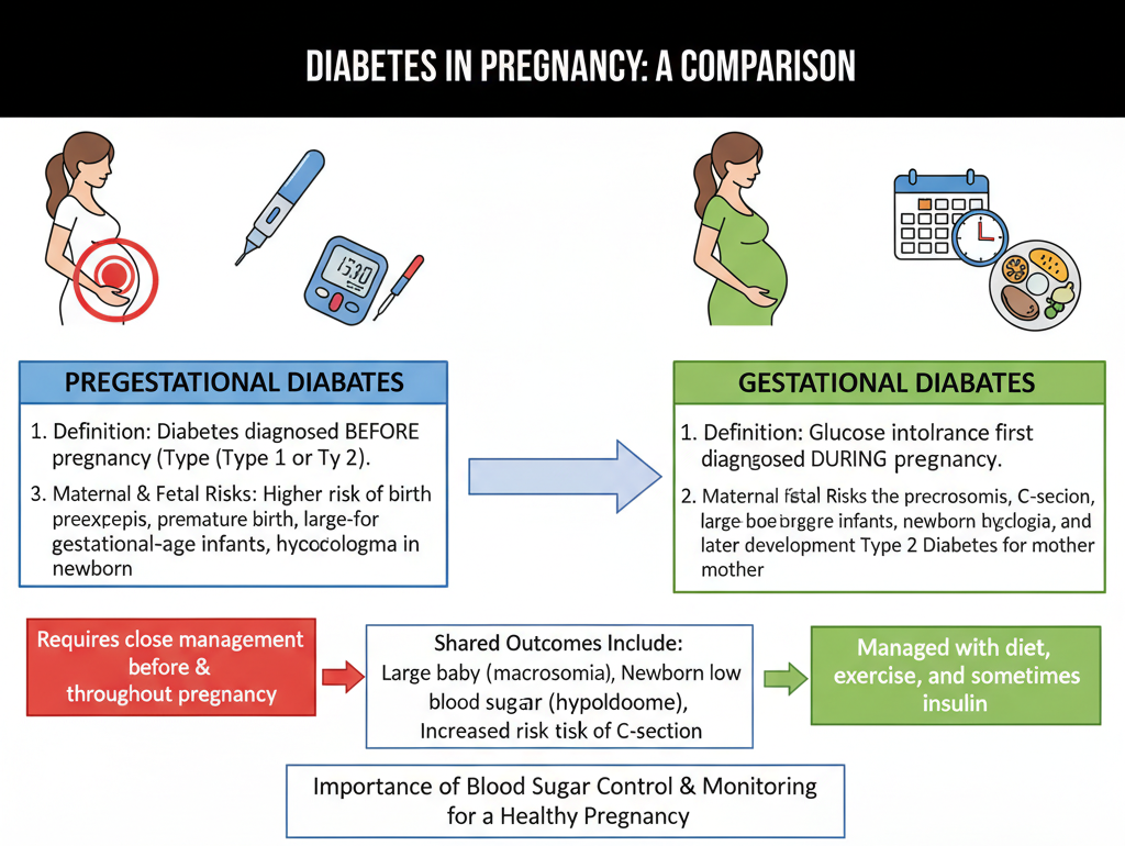 Medical infographic explaining gestational diabetes vs pre-existing diabetes in pregnancy, clear labels, modern flat illustration.