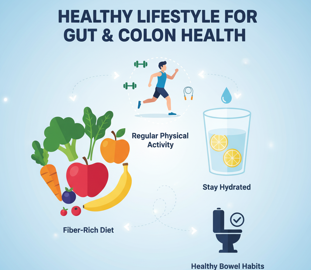 Image Prompt: “Colorful illustration showing fruits, vegetables, exercise icons, water, and healthy bowel habits.”