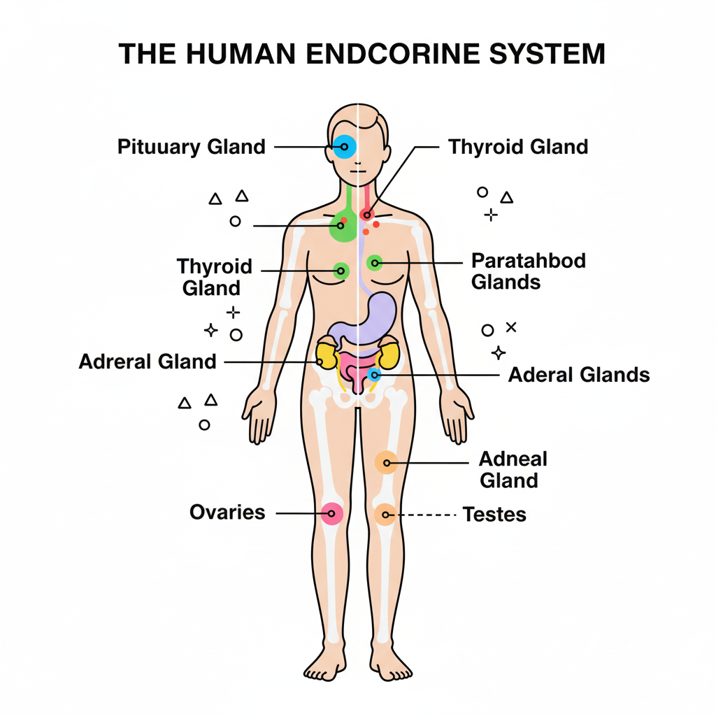 Diagram of hormone-producing glands in the human body, showing endocrine system organs clearly.