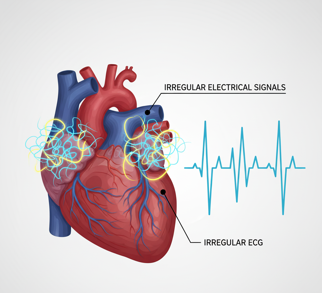 Heart diagram showing irregular atrial fibrillation rhythm