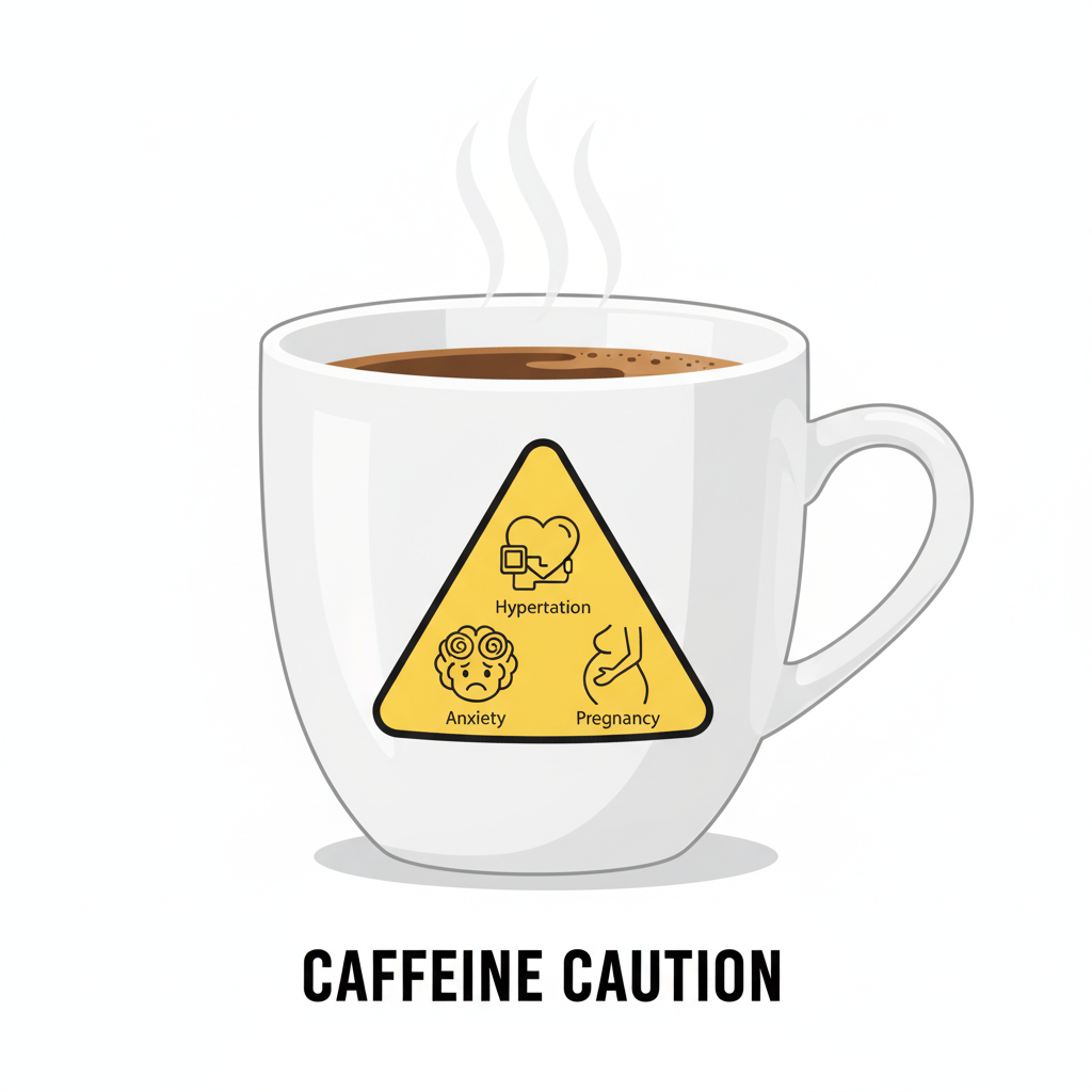 Warning sign near coffee cup for people with sensitivity or high BP