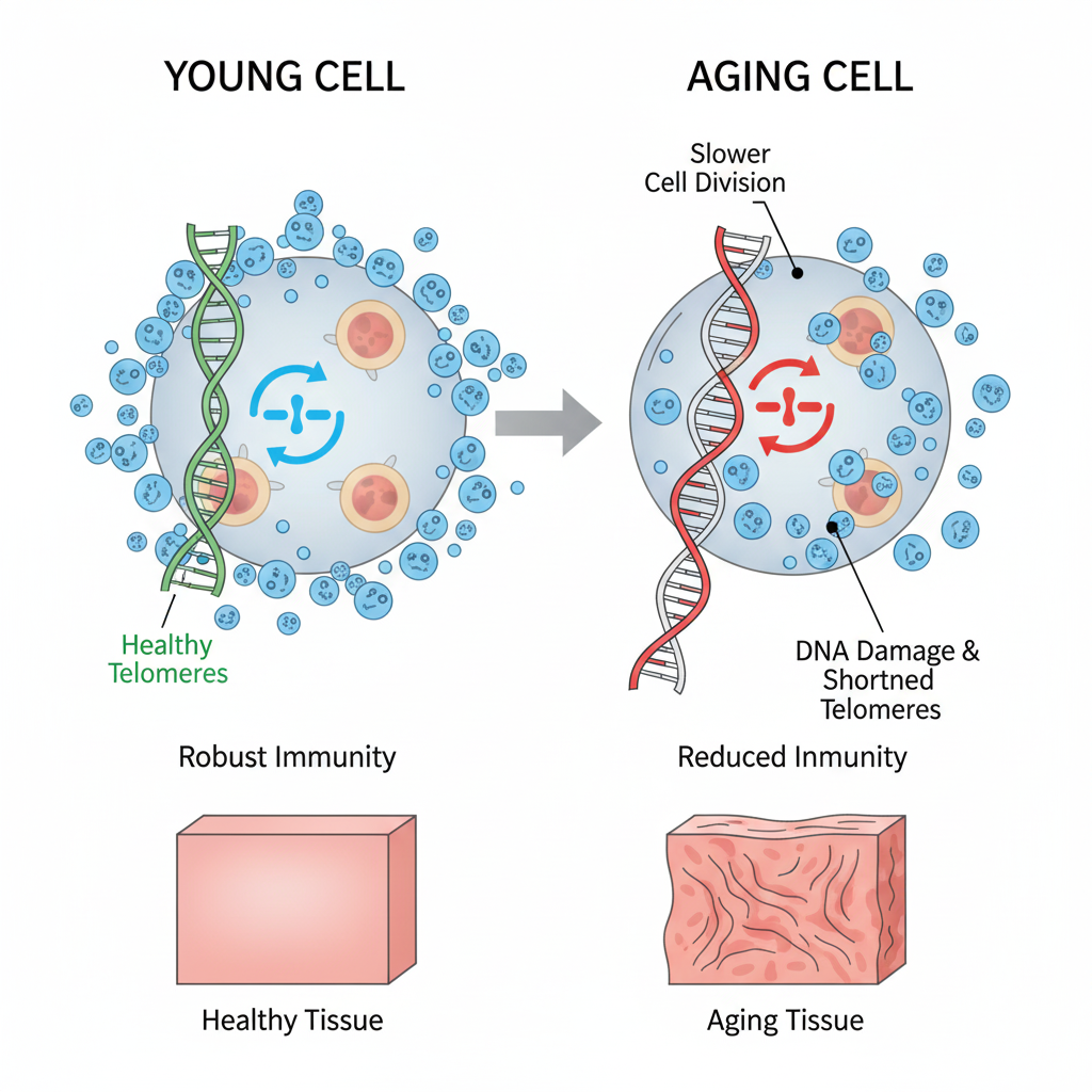 Diagram showing aging effects on cells, DNA, tissues, and immune function.