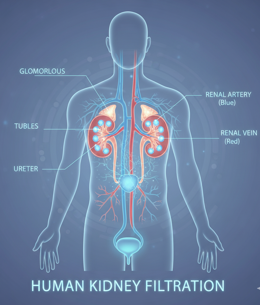 Kidneys shown inside the body highlighting their filtration role.