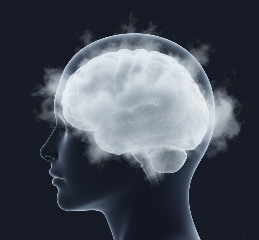 Person holding head with cloudy visuals around the brain area.