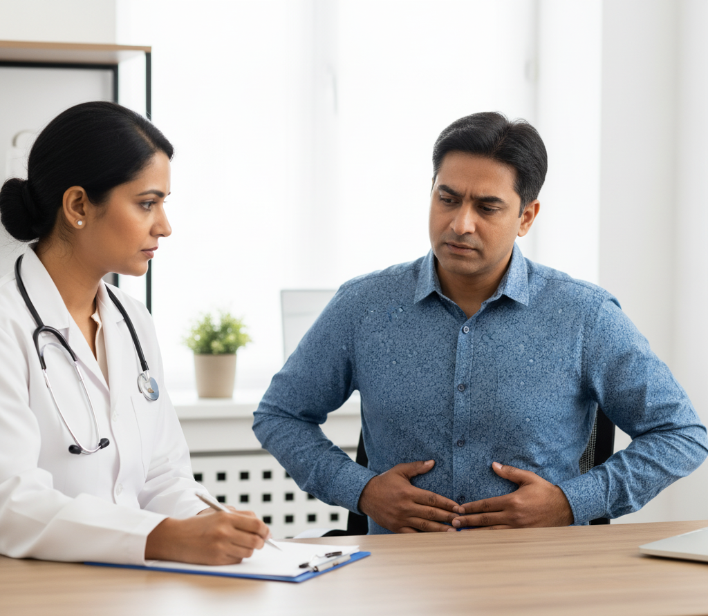 Patient consulting doctor for severe symptoms.