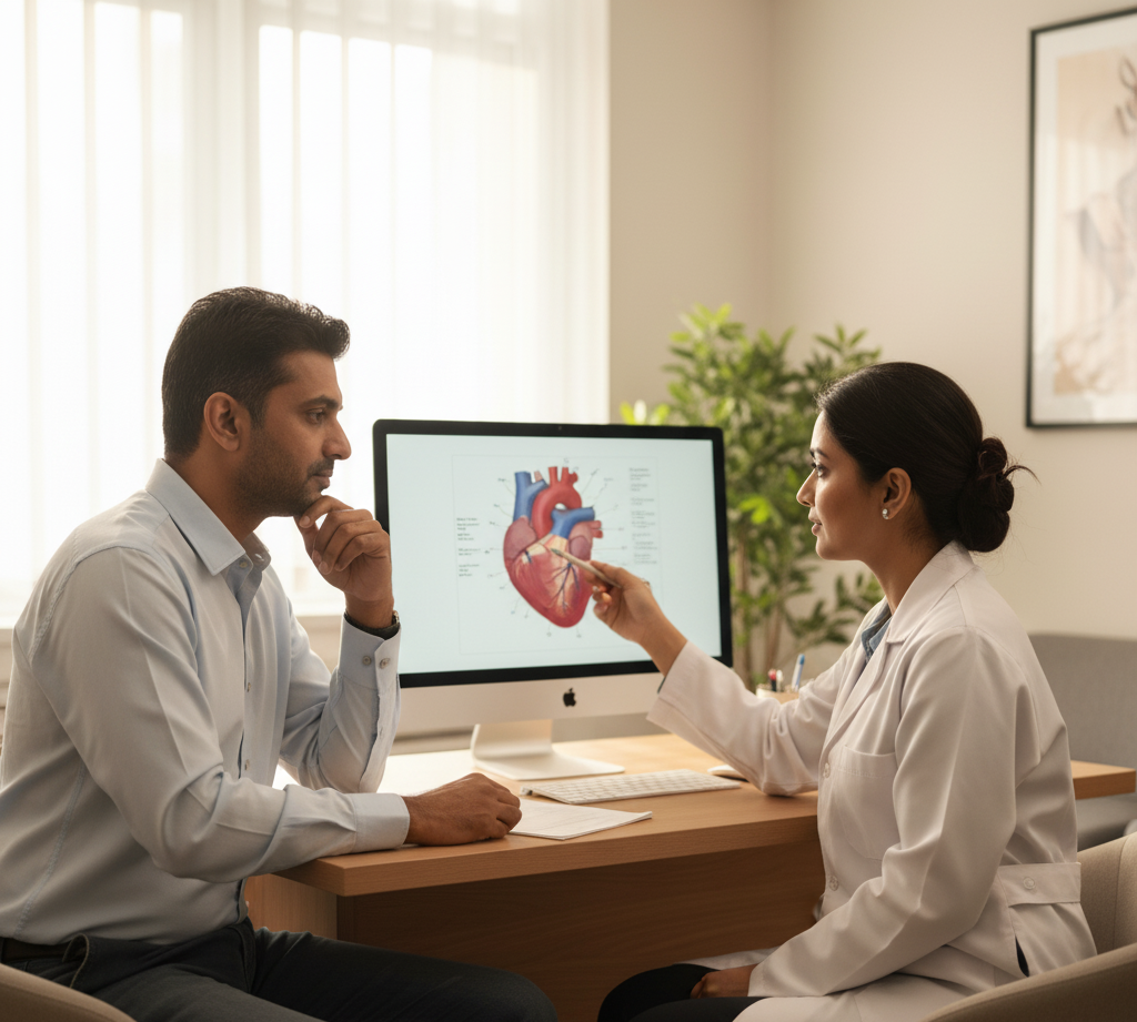 Indian patient talking to a cardiologist for chest pain and heart symptoms