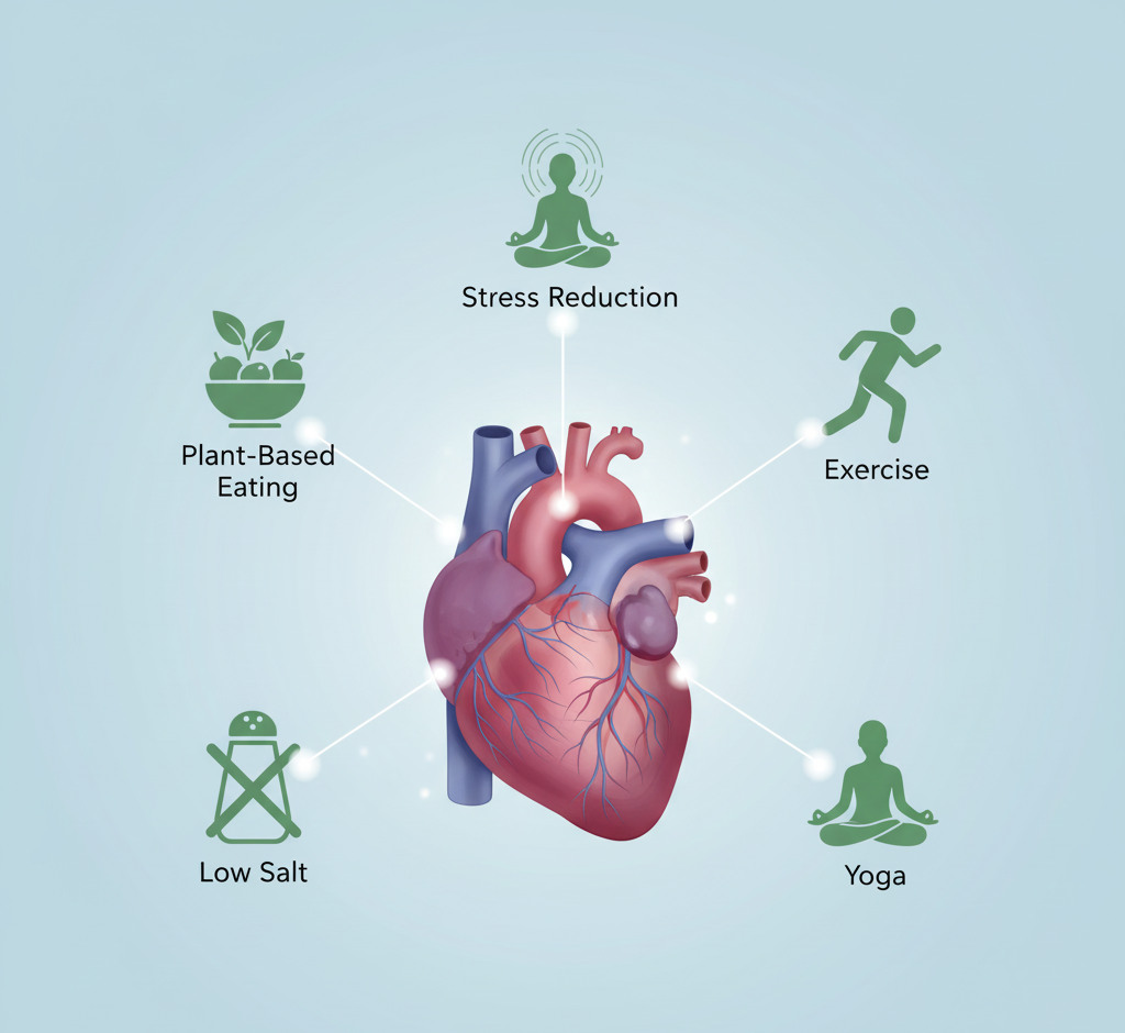 Illustration of human heart healing with lifestyle changes including diet, exercise, and stress control.