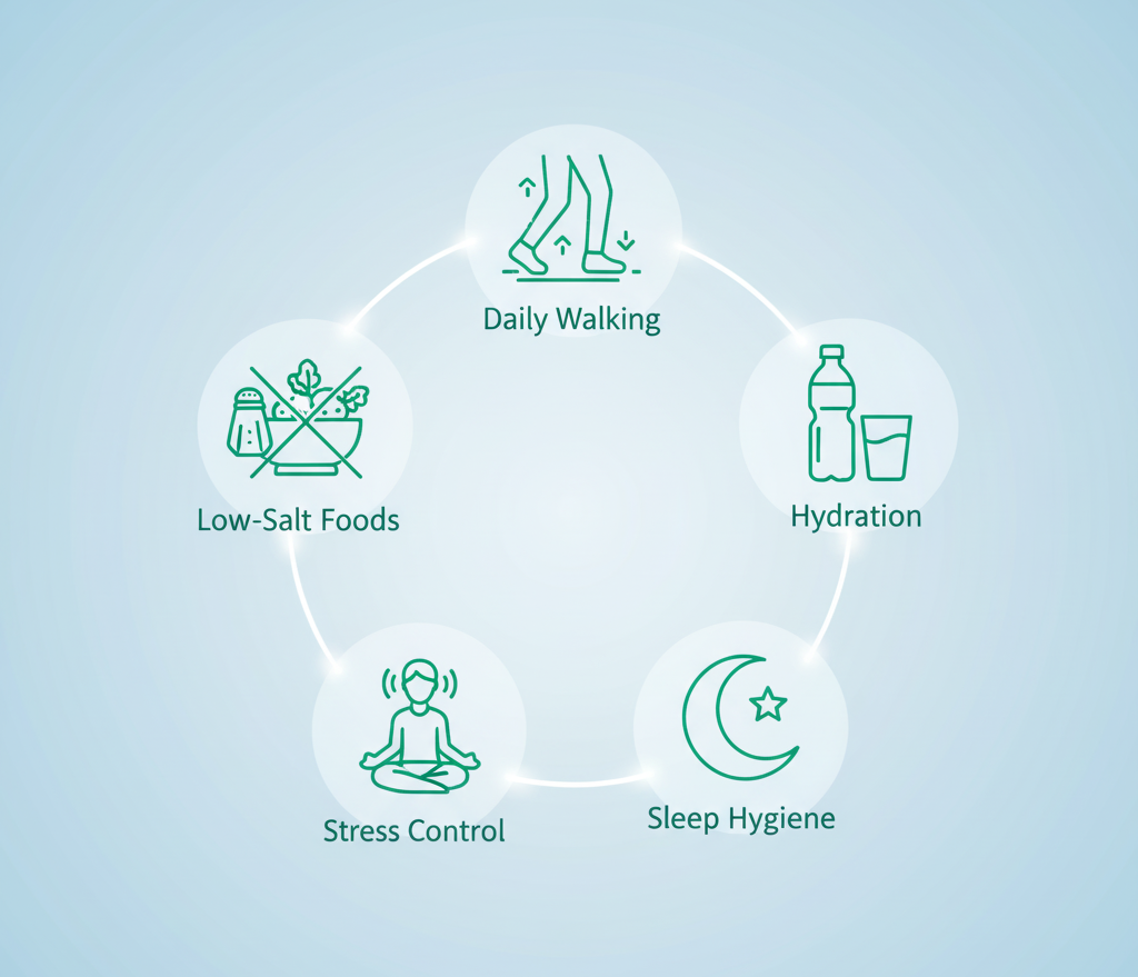 Healthy lifestyle icons like walking, plant foods, sleep, and stress reduction for heart health.