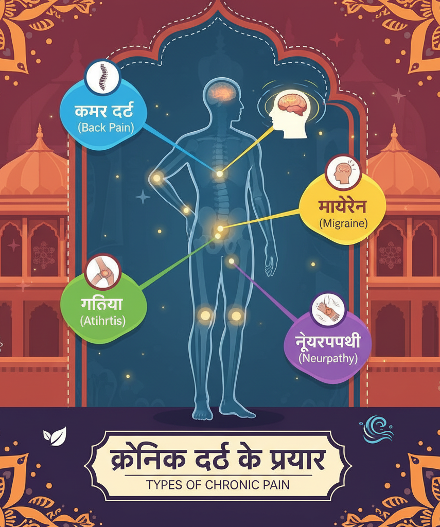 Diagram of different types of chronic pain such as back pain, joint pain, migraine, and nerve pain.