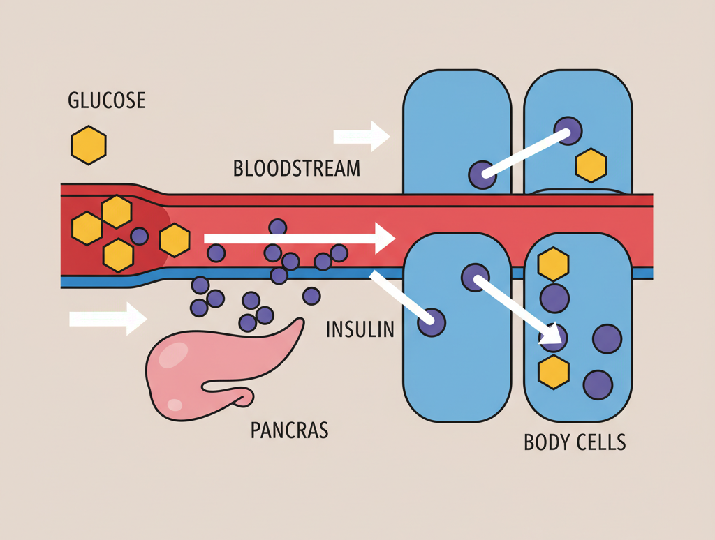 Diagram showing how blood sugar enters the bloodstream and how insulin works.