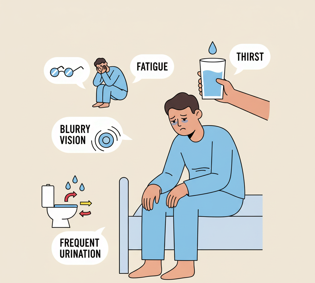 Symptoms like thirst, fatigue, blurry vision, and frequent urination illustrated visually.